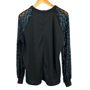 MIHOLL‎ Women's Black Ribbed Knit Top Long Lace Sleeve Back Zip Size XLarge